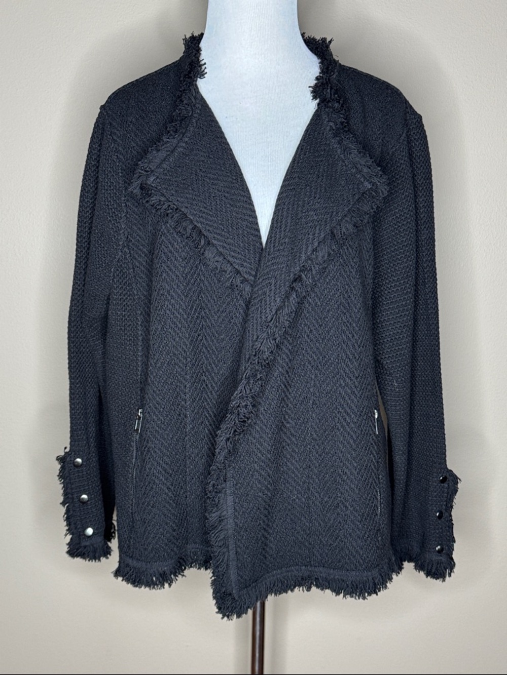 Nic+Zoe womens black knit fringe jacket size 2X snap cuff